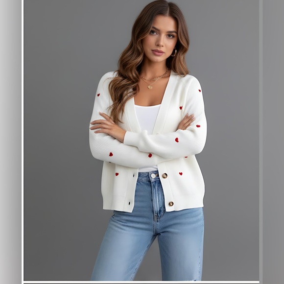 Sweaters - Beige Frenchy Heart Embroidery Button Front Cardigan